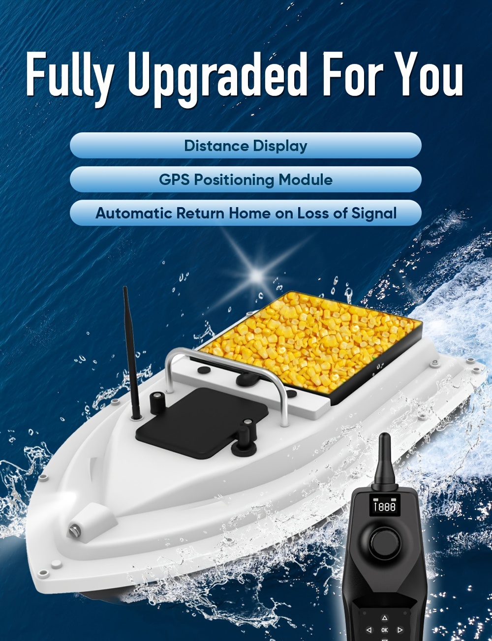 Jet Ski Bateau Télécommandé Pour Appâts De Pêche – Portée 500 M, Charge 1,5 Kg, Lumière LED Pour Nuit ! Bateau RC Noir