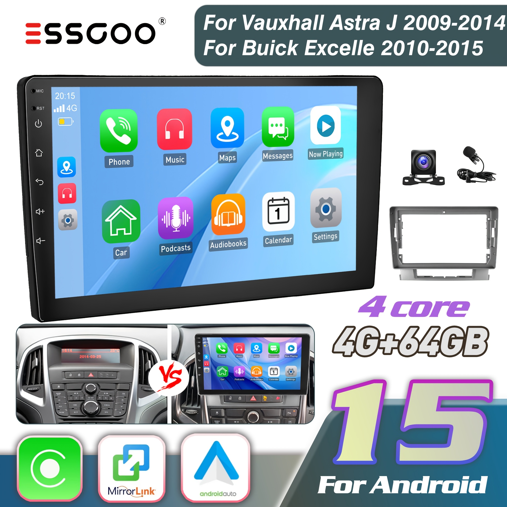 Essgoo 15 Car Stereo Compatible For J/ Excelle With & Auto, 9” Hd Touchscreen, Ahd Reversing Camera, Gps, Fm Rds Receiver, Swc, System, Complete Dash (new 2024)