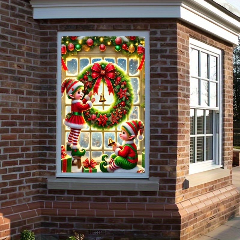 

Hego Christmas Elf Wreath Window Sticker - 1pc 31.5x47.24 Inch, 100% Polyester Holiday Window Decorations, Multipurpose Indoor & Outdoor Wall Decals, Electricity-free Party Accessories