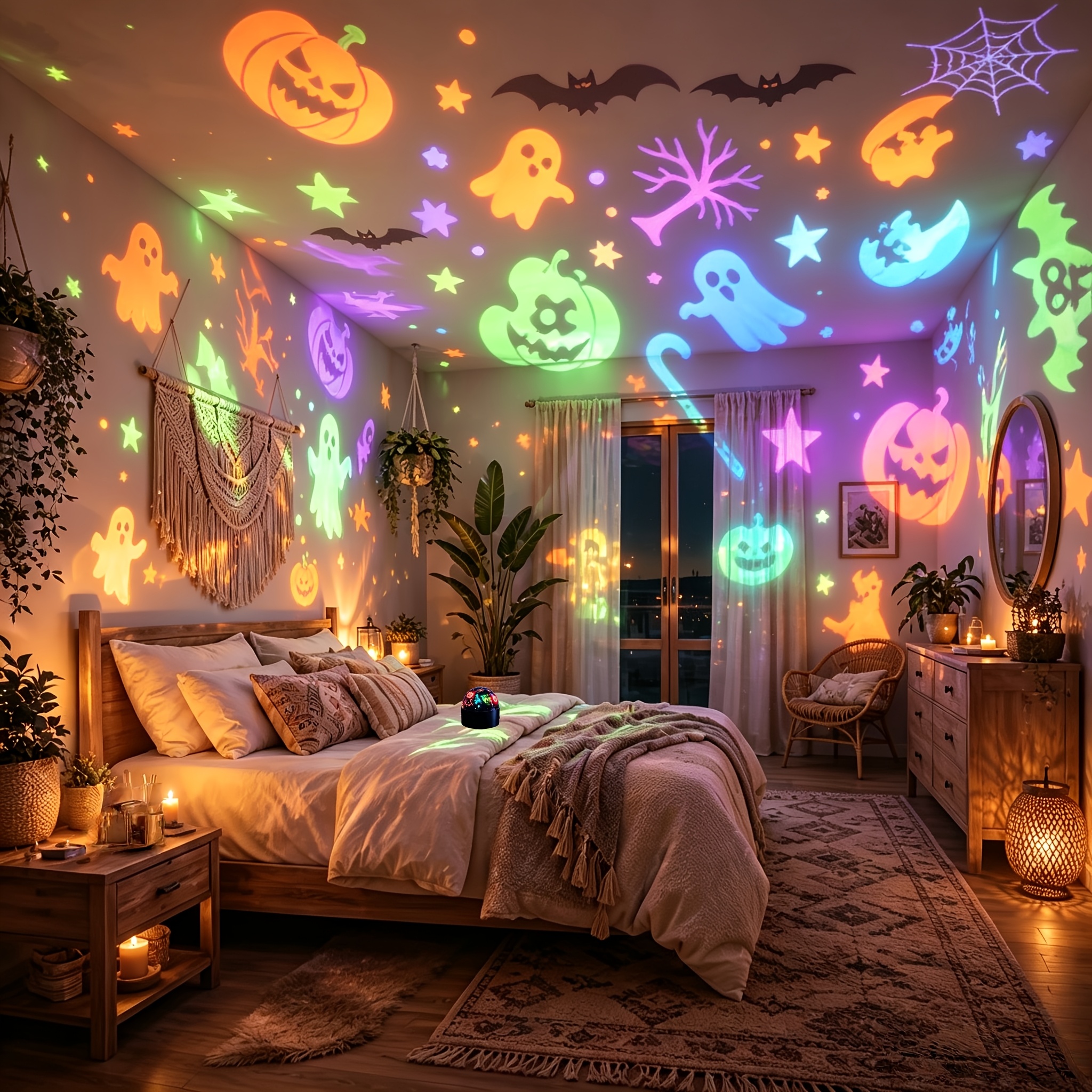 TEMU New Halloween Led Projector Light, 360-degree Rotating Starry Sky Light With, Pumpkin, And Bat Projection Patterns, Usb-powered Holiday