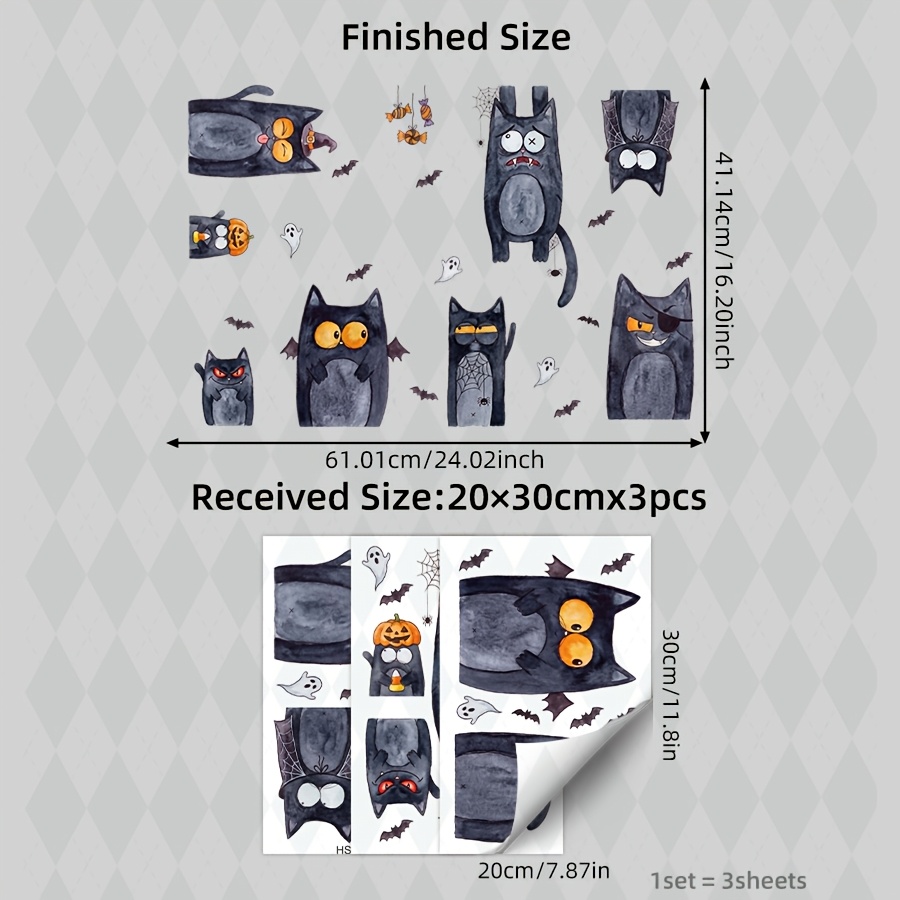 TEMU 1set/3pcs Watercolor Funny Black Cat Halloween Self Adhesive Window Sticker, Self-adhesive Pvc Bat Candy Spooky Glass Decal, Decor For Nursery