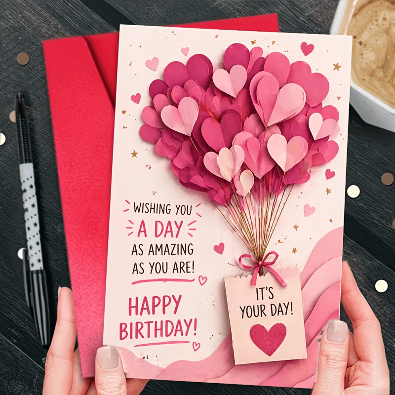 TEMU 2d Handmade Pink Heart Balloon Birthday Greeting Card, An Exquisite Birthday Gift For Women, Daughters, Aunts, And Wives. Suitable For Birthday