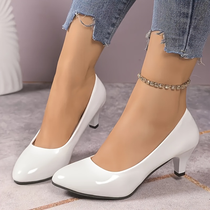 Damen*he Weiße High Heels mit Mittelhoher Absatz, Glänzende  PU-Oberfläche zulaufender *h, Bequeme Freizeit- und Business-*