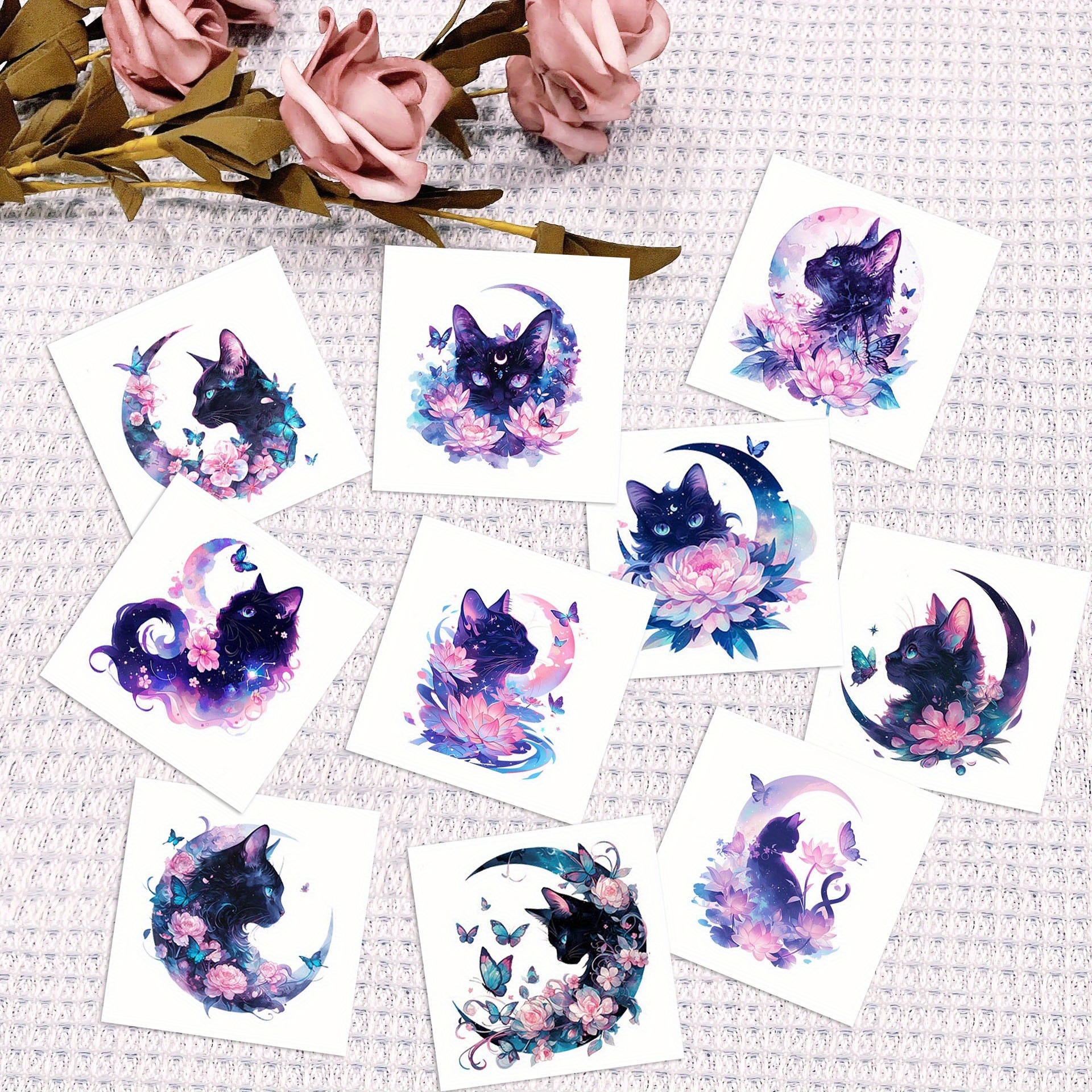 Image of 10pcs Yakago Mysterious Moon Cat & Temporary Tattoos Suitable For , Waterproof -lasting 3- Body, Markers For Parties, Festivals, Themed Events - Tattoo Gift For