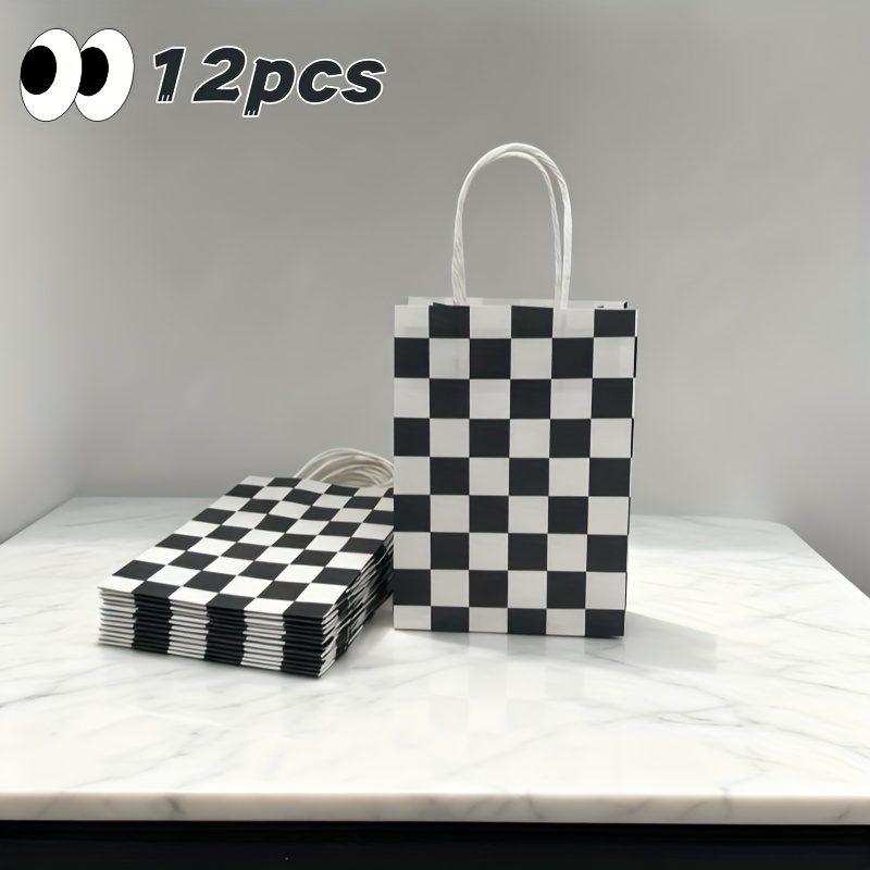 Image of 12pcs Black And White Checkered Gift Bags With Handles - Premium Reusable Paper Party Favor For Racing Theme Birthdays, Weddings, & Small Business Packaging, Event Gifting Essentials, Sporty Aesthetic