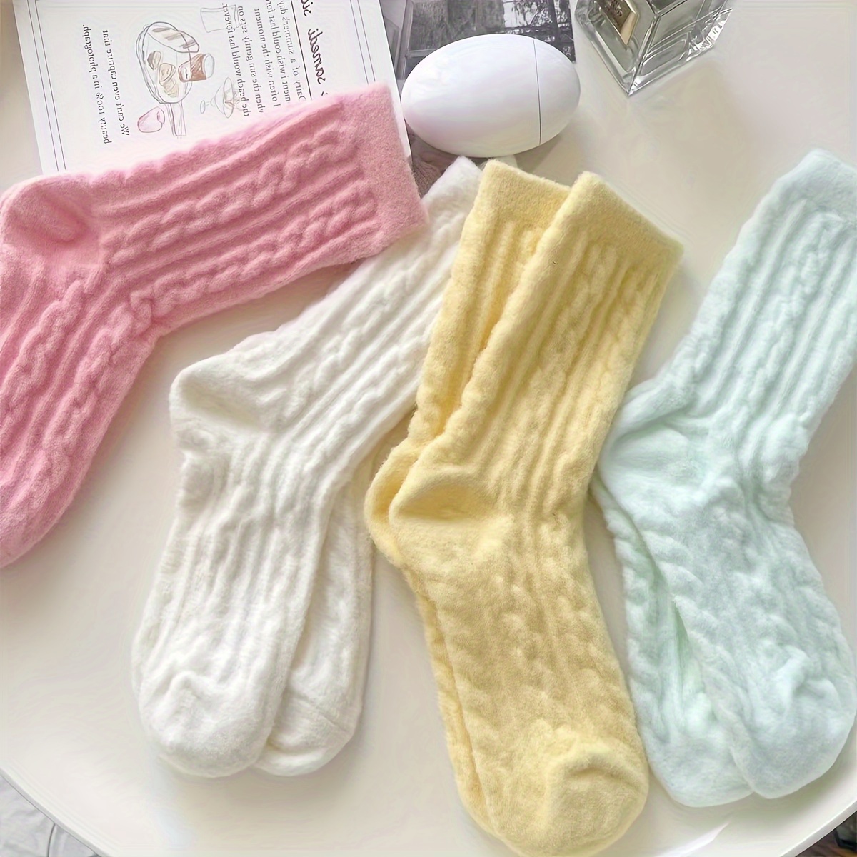 

5 Pairs Pastel Twist Pattern Socks, Cute College Style Plush Mid-calf Socks For Fall & Winter, Women's Stockings & Hosiery