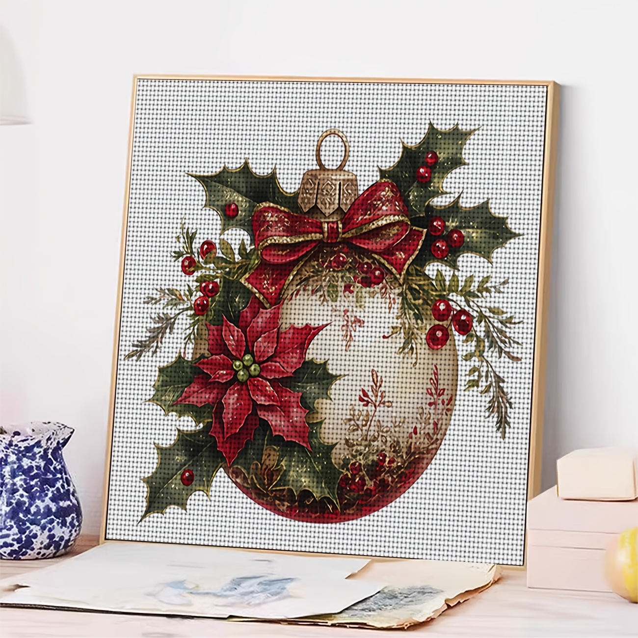 Cross Stitch Printed Kit, Christmas Ornament Red Bow Tie Berry Pattern