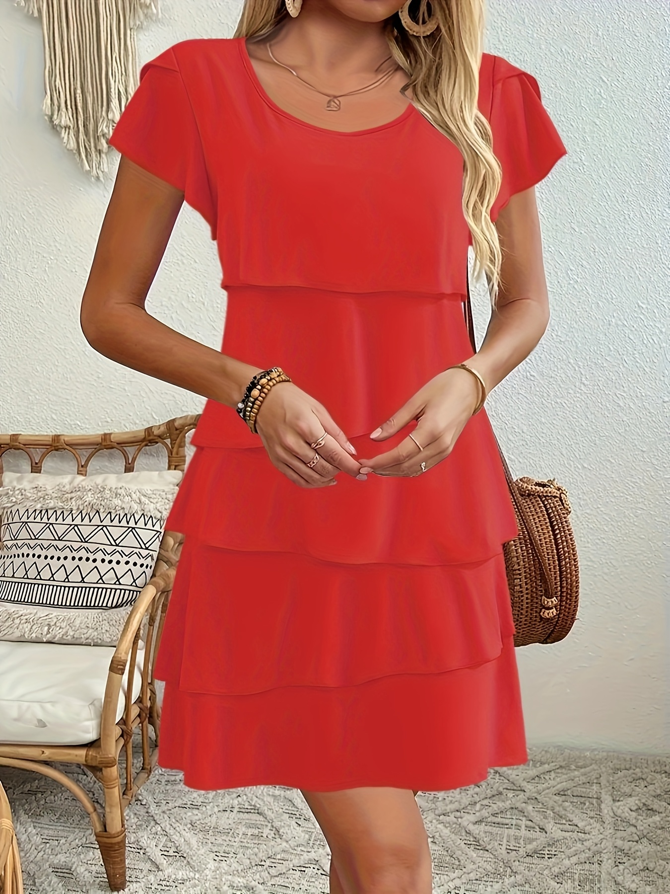 women's plus size elegant summer dress vibrant red layered Temu Oman