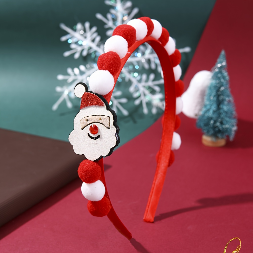 TEMU 1pc Cute Santa Headband For Women, Christmas Party Hair Hoop With Red And White Fluffy Pom-poms And Glitter Santa Claus Face, Festive Accessory