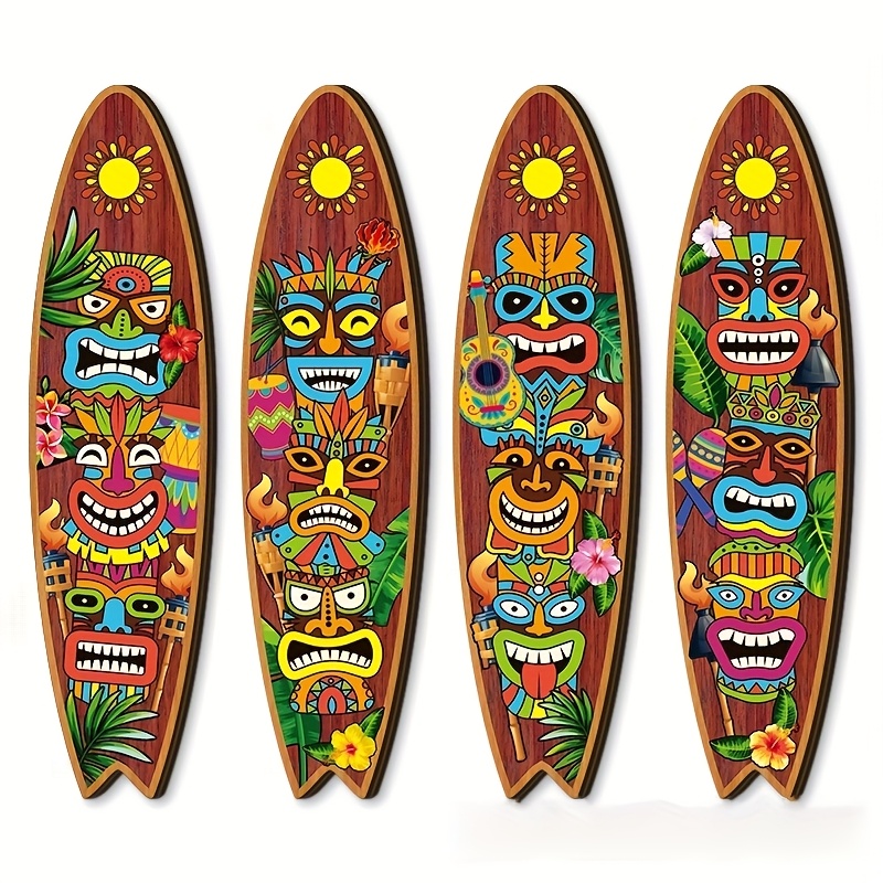 E-shop 4-teiliges Set - Hawaiianisches Surfboard aus Holz - Hawaiianische Totem Deko - Strandwahrzeichen - Wandbehang Home Deko - Totem Plakette