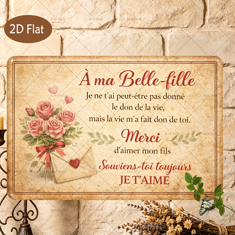 TEMU Panneau Vintage 2D Plat, 2D Plat, 2D Plat 1pc avec Slogan Français 20X30Cm | Peinture Décorative en Métal avec Roses Roses et Éléments