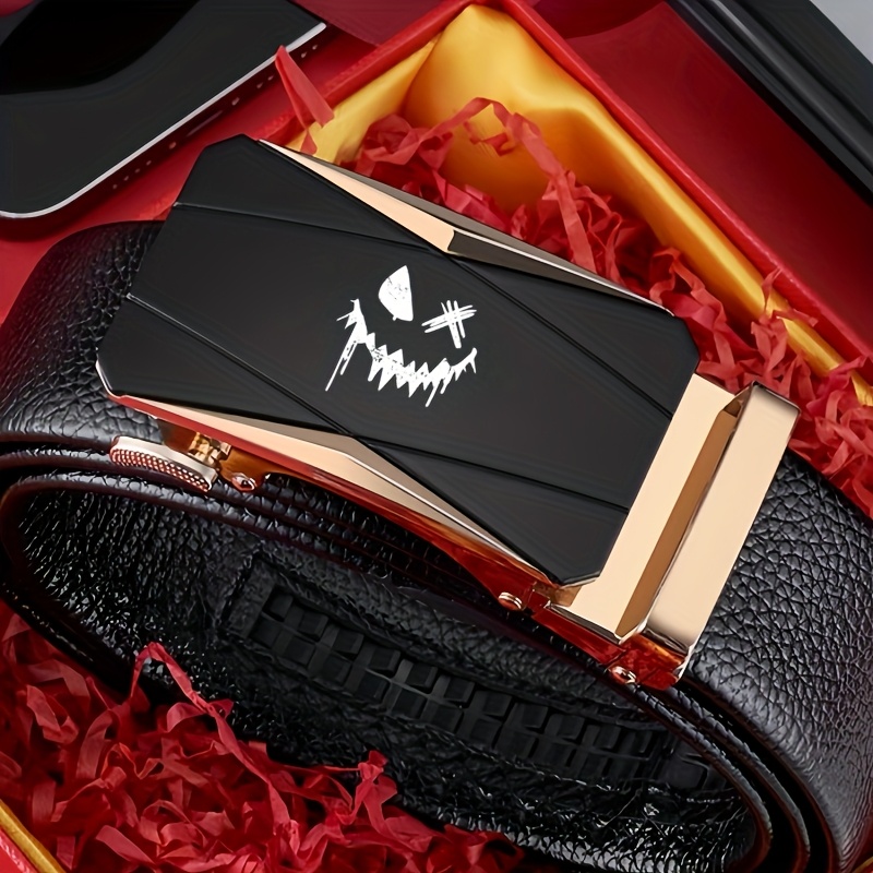 TEMU Men' Leather Belt With Sleek Skull Pattern - Automatic , Stylish Business Accessory, Perfect Gift Idea, Belt For Men