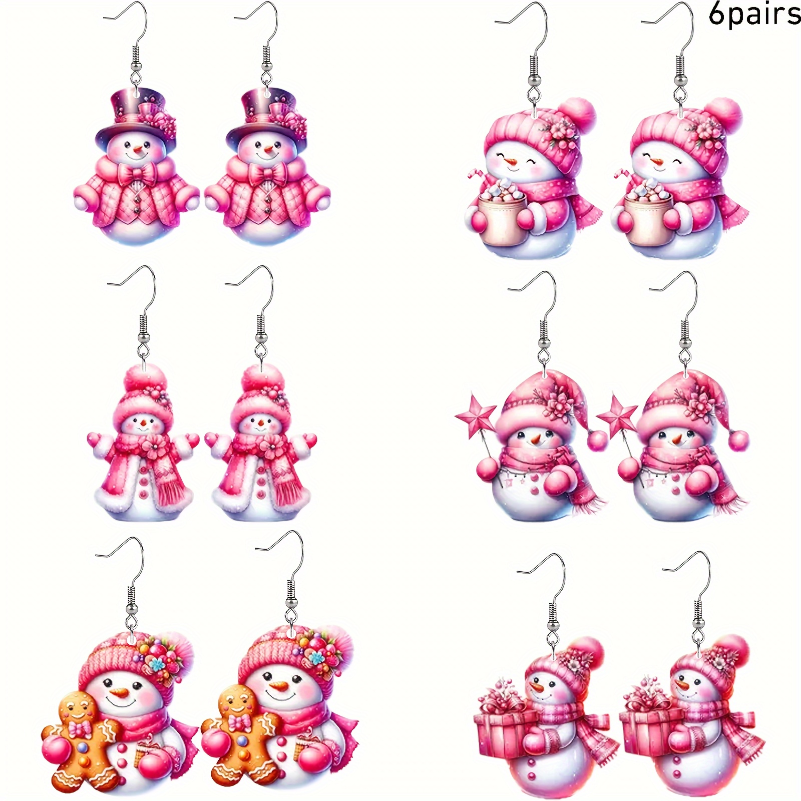 

Acrylic Snowman Earrings: 6 Pairs Of 2d Christmas Themed Dangle Earrings Featuring Cartoon In Pink Hats And Scarves, Or As A Gift For Christmas