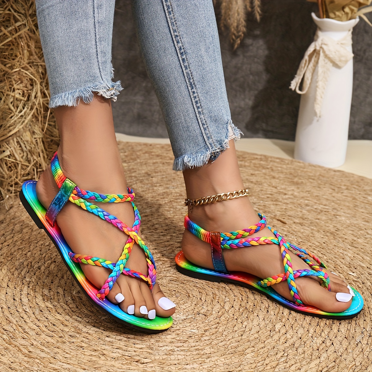

Women's Fashion Rainbow Braided Sandals, Colorful Flat Summer Shoes, Faux Leather Strappy Beach Shoes With Clip Toe
