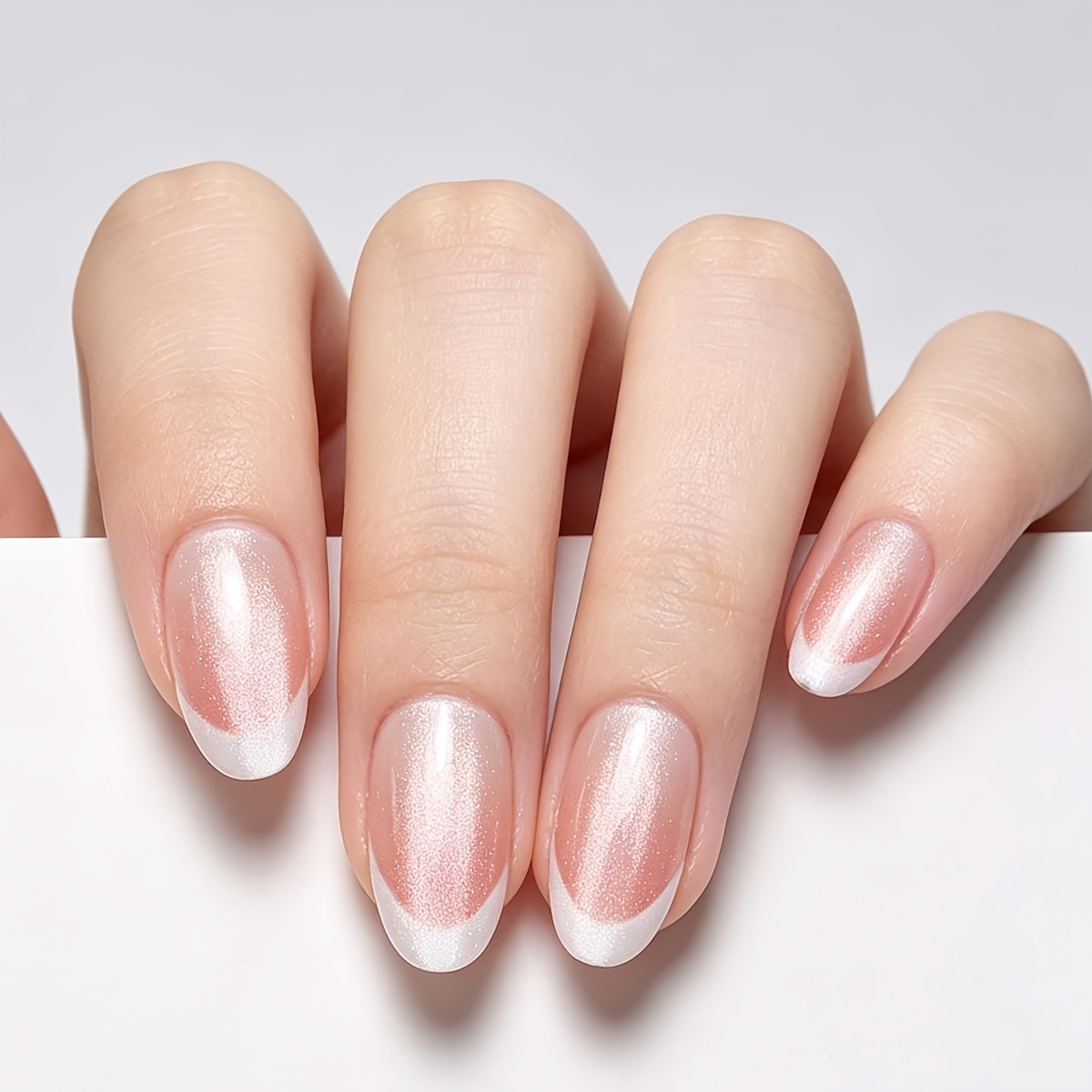 TEMU 10pcs Oval Short Press-on Nails, Gentle Nude Pink Cat Eye French Ombre Clean Solid Color Nail Patches, Korean Style Fresh And Gentle, Free Jelly