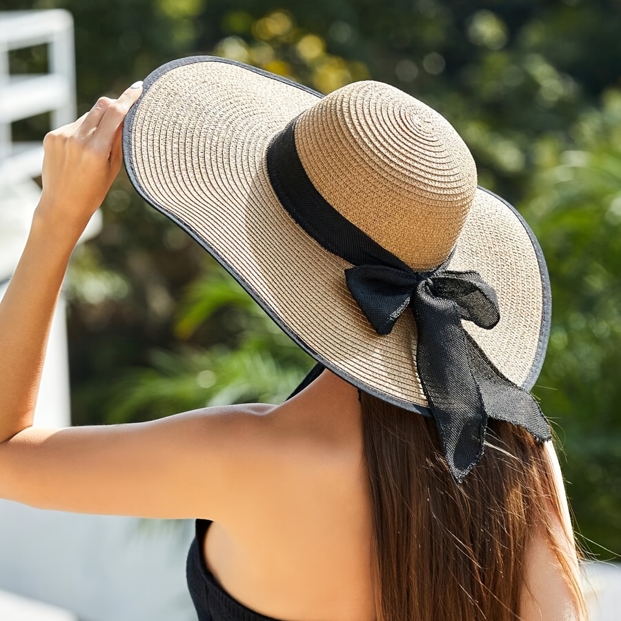 womens large straw hat black ribbon bow breathable non  display picture 1