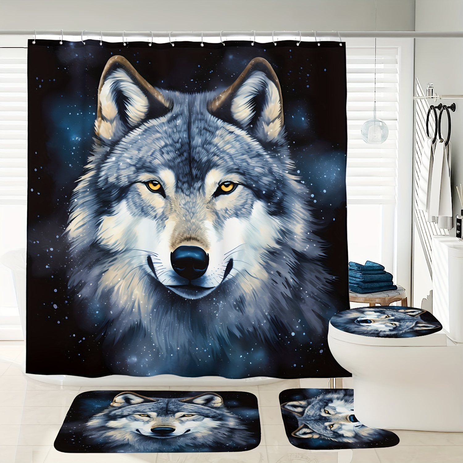 

1/3/4pcs Set Wolf Pattern Shower Curtain, Toilet And Bath Mat, Bathroom Decoration Shower Curtain And Toilet Lid 12 Plastic , 72 X 72