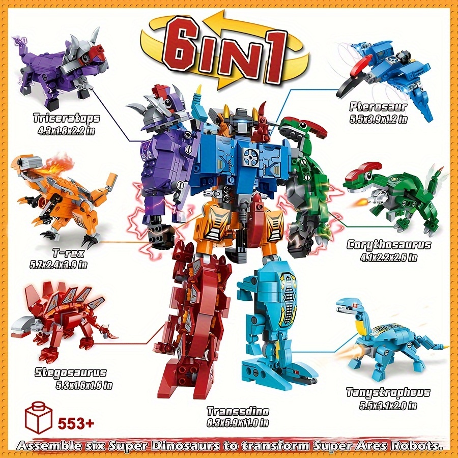 

Jurassic Dinosaur Toys For Kids 5-7, Creator 6in1 Transformer Building Toys, Action Figure Birthday Gifts Idea For Kids 6 7 8 Year Old Boys Girls (553 Pieces Transdino)