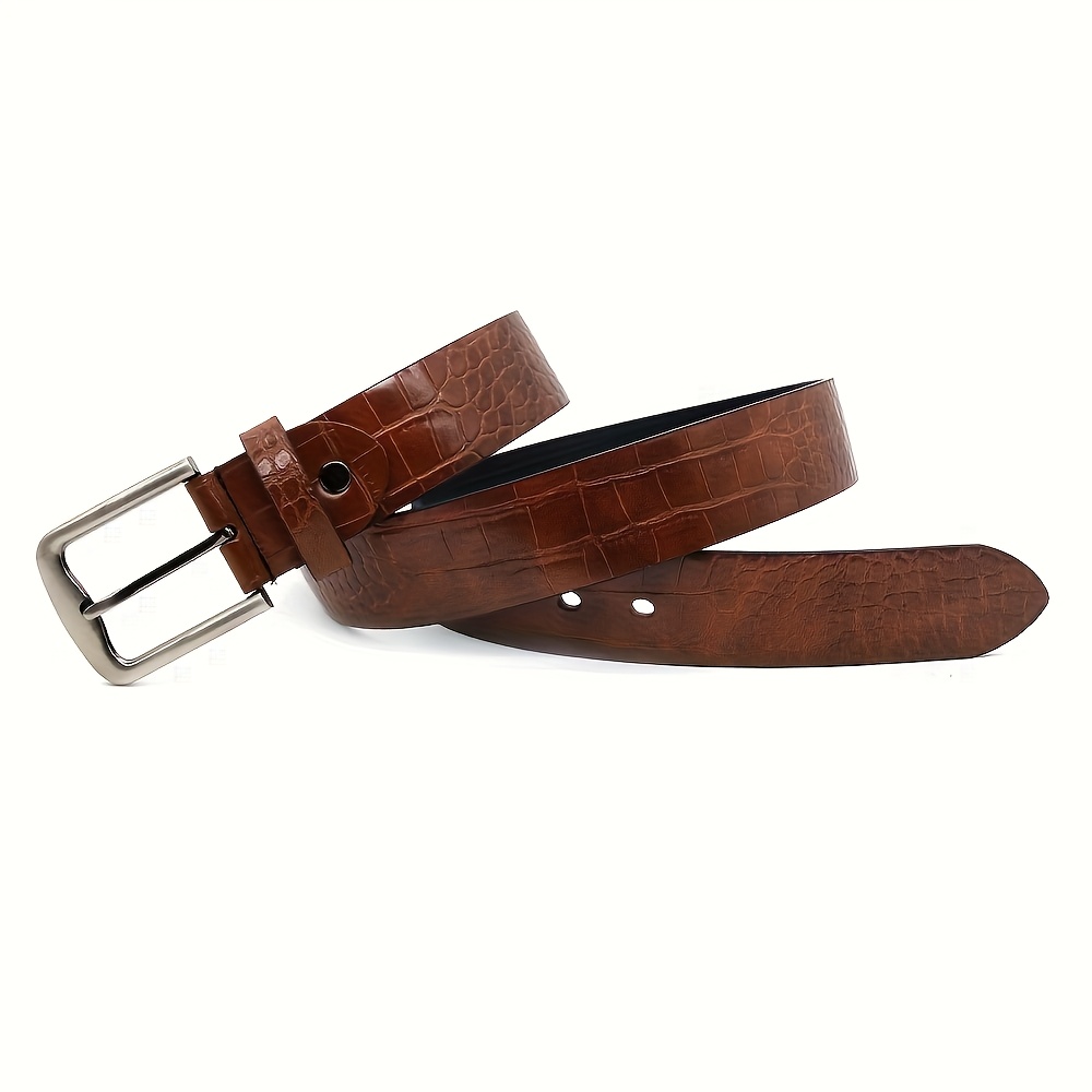 TEMU Men' Olive Brown Crocodile Pattern Faux Leather Belt, , Durable Fashion Accessory For Casual And Formal Wear, Alloy , Non-washable - Ideal Gift