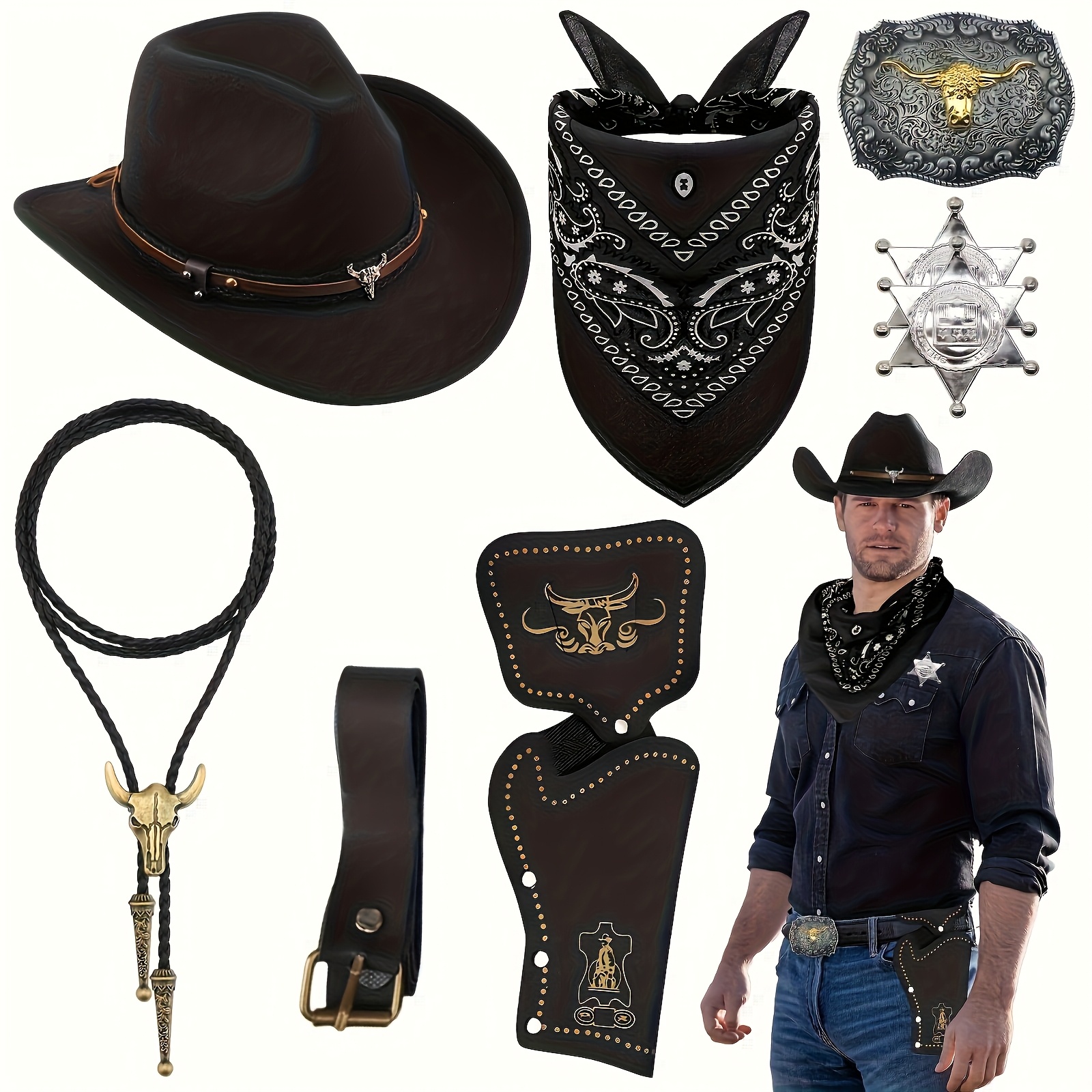 8pcs western cowboy fancy dress additions set brown hat  display picture 1