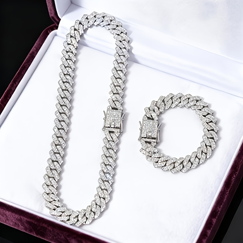 2pcs Shiny Rhinestone Cuban Link Necklace and Bracelet Set