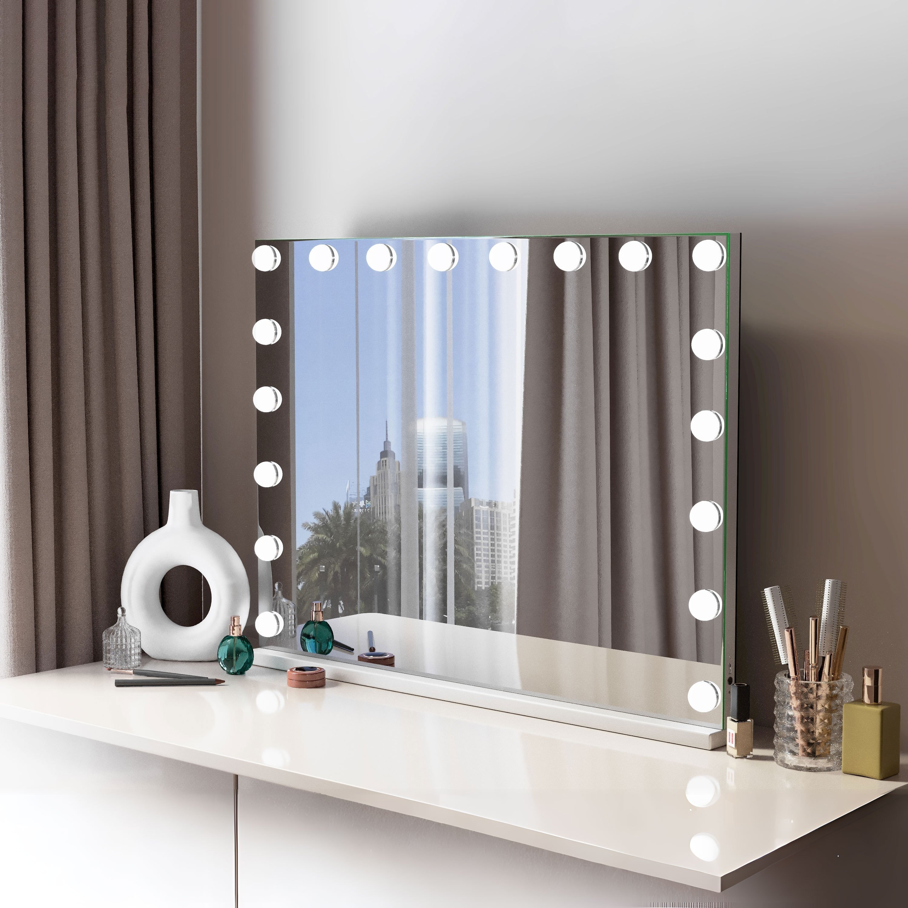 

Miroir de courtoisie avec lumières 32''x23'', 3 réglages de lumière, avec port de chargement USB, sur table ou fixation murale, blanc