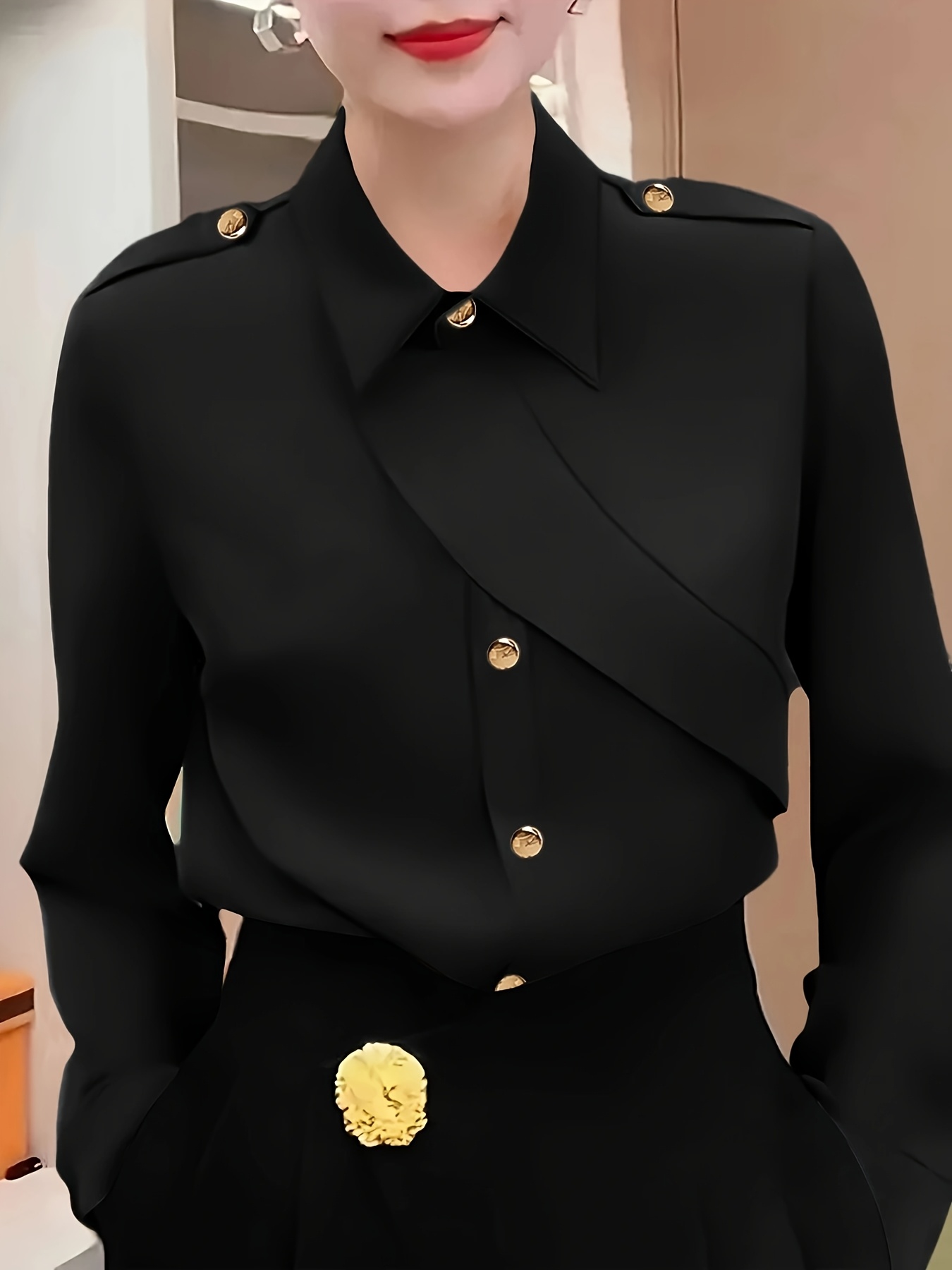 womens plus size elegant shirt polyester 100 solid color   lapel collar with button details non stretch woven fabric 120g   blouse for ladies black 0