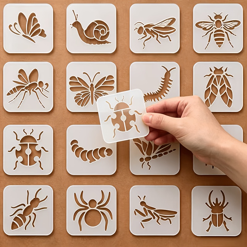 TEMU Lot de 16 pochoirs réutilisables à d'insectes - 7,5 cm, adaptés aux murs, tissus, tableaux noirs | Bricolage créatif avec pochoirs et d'insectes