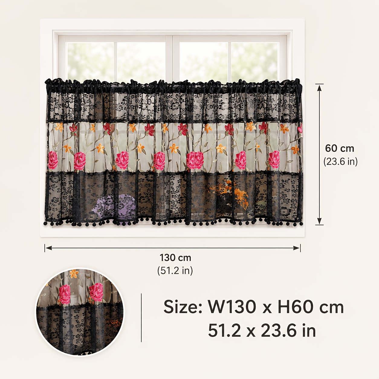 TEMU 1 pièce Panneau de rideau voilage en dentelle brodée de roses noires, rideaux de fenêtre floraux en patchwork à sections avec bordure à pompons