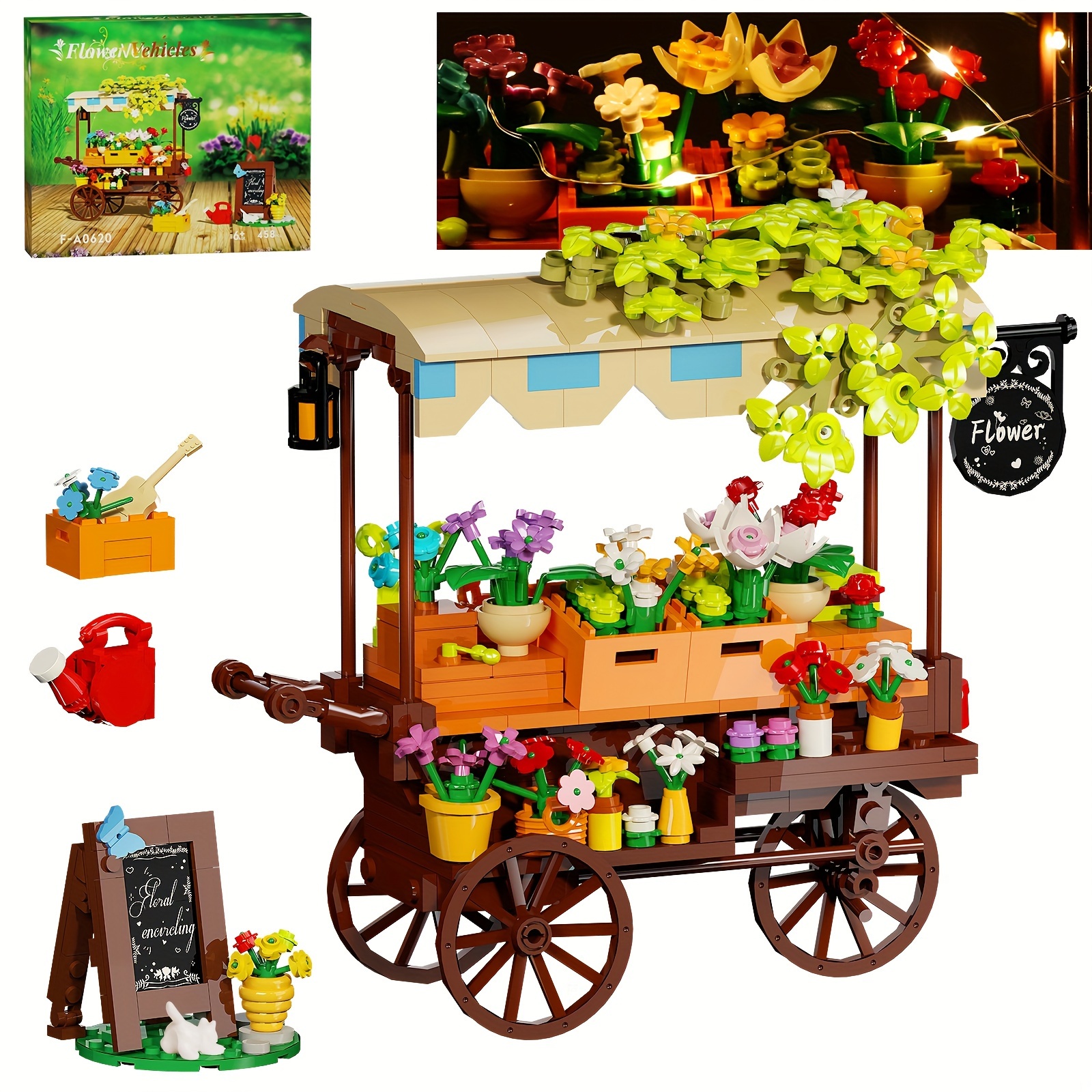 

1pc Flower Cart Building Kit With Led Lights - Diy Miniature Model, Educational Stackable , Abs Resin Collectible Craft Gift For Boys, Girls, And Adults