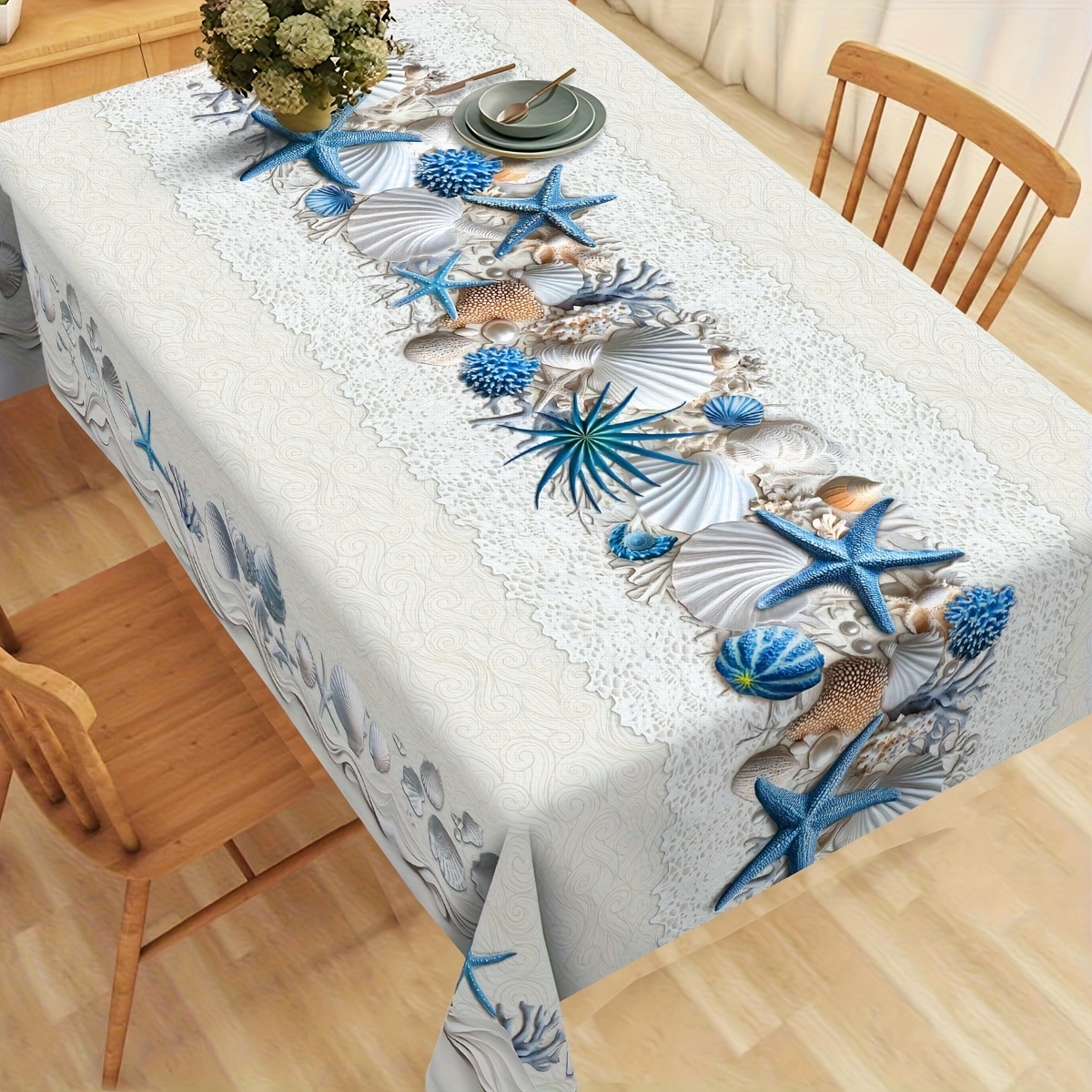 TEMU Tovaglia 1 pz 2D Piatta a Tema Costa Marina Spiaggia Stella Marina Conchiglia Corallo Sabbia e Design Tovaglia Rettangolare Adatta per Cucina T癡