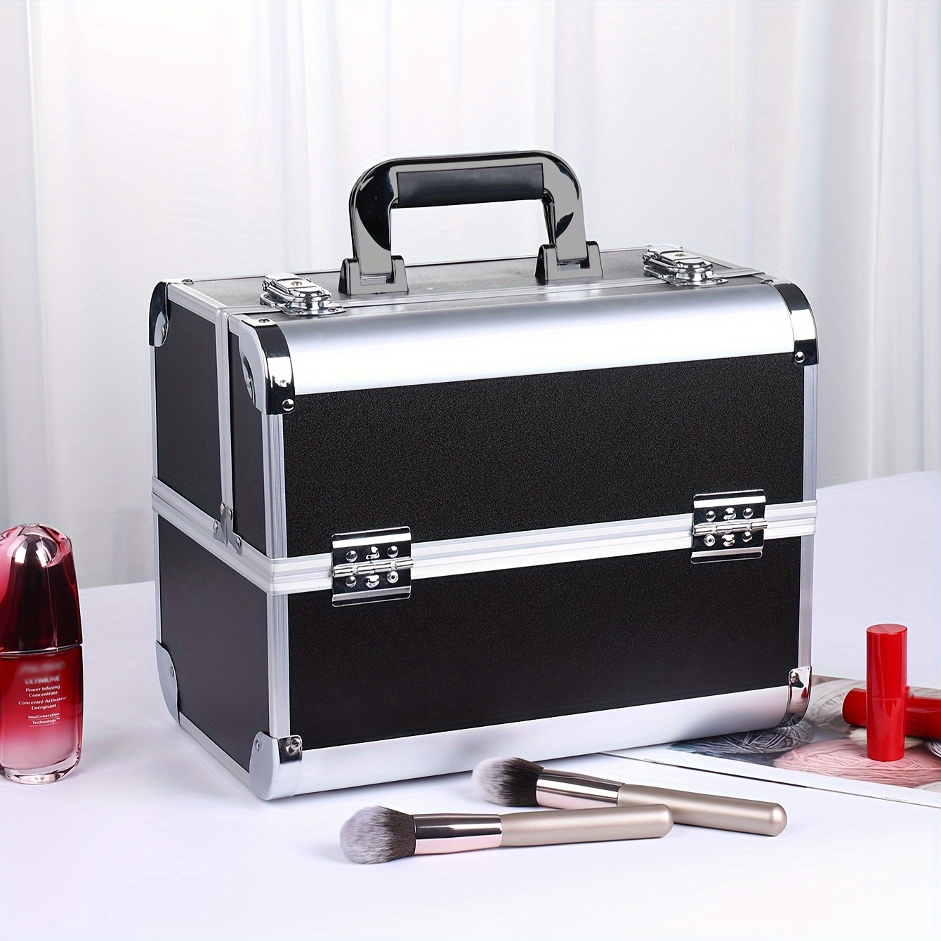 TEMU Professional Makeup Train Case With Adjustable 4-tier Storage, Lockable Compartment - Cosmetic Organizer For Women