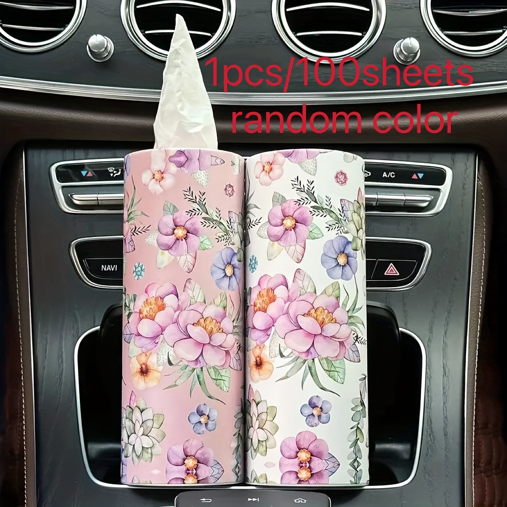 TEMU Random 1pc/100 Sheets, Compact Floral Car Tissues - Car Tissues, Cylindrical Tissue Tubes, Round Car Seat Tissues, Suitable For Cup Holders,