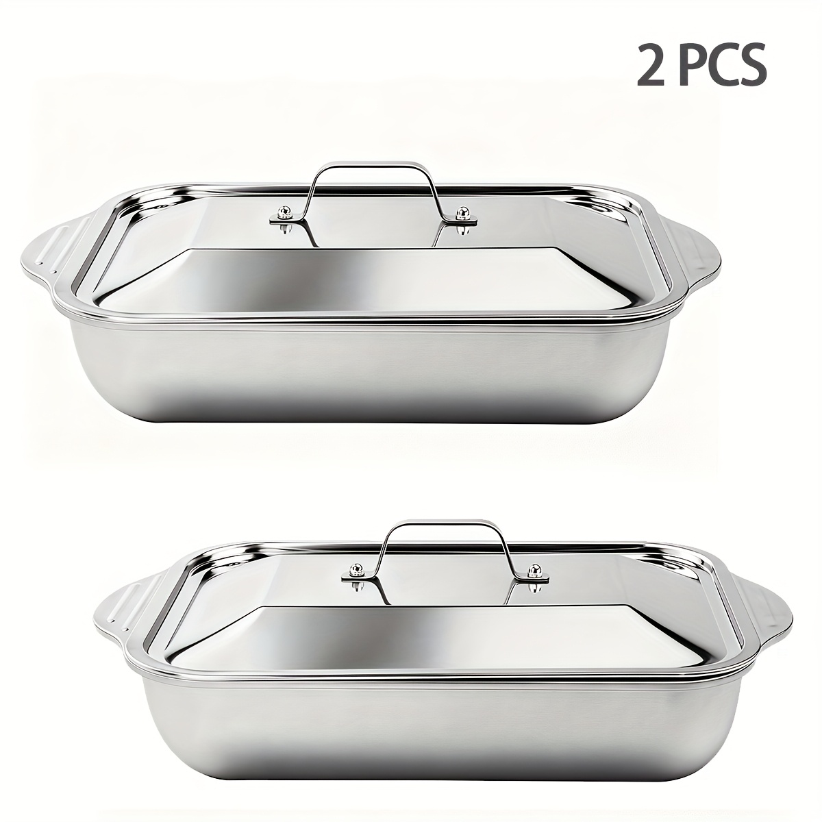 TEMU Extra Large Heavy-duty Stainless Steel Baking Pans In Sets Of 1 And 2, Complete With Lids. , Thick Rectangular Trays Are Ideal For Baking