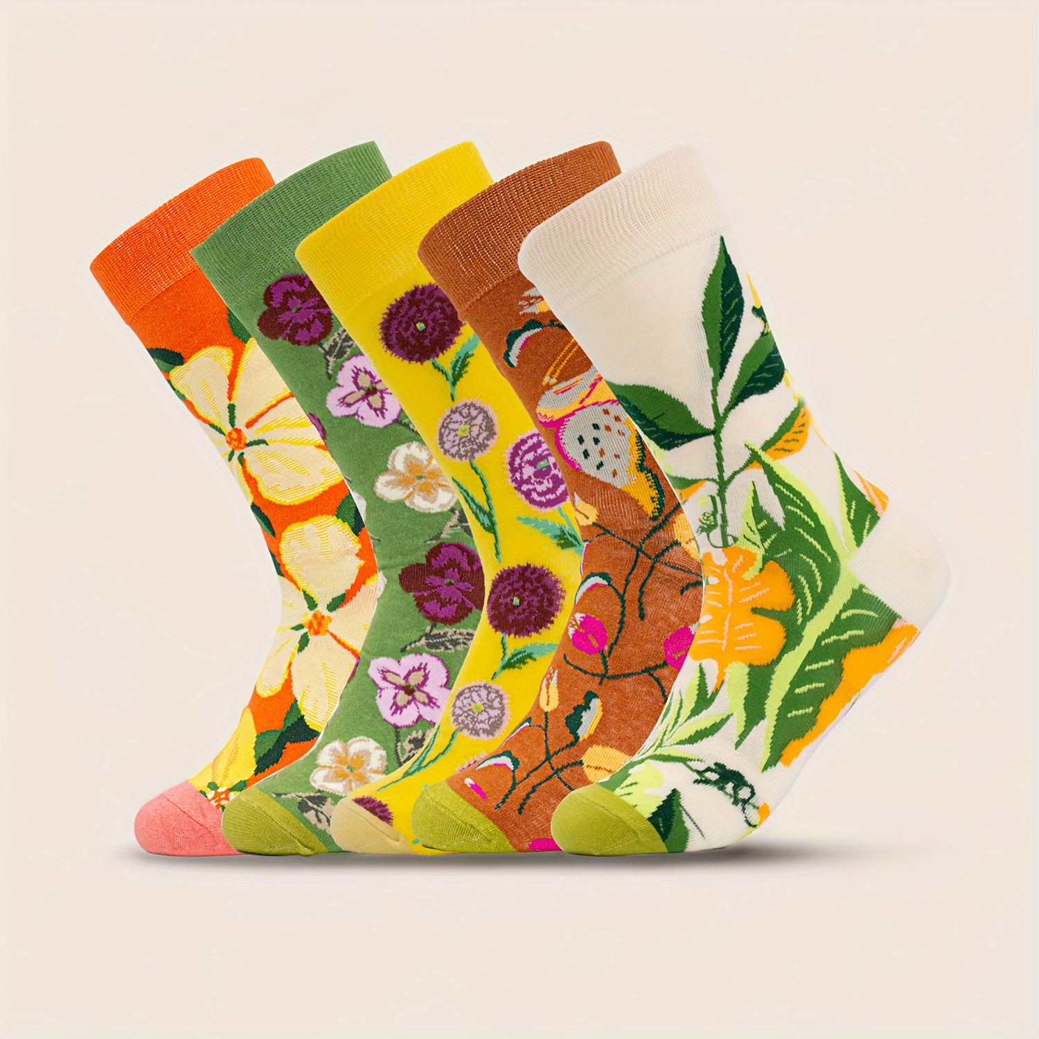 5 Pairs Of Leaf Print Socks, Comfortable Breathable Mid-calf Women's Novelty Ankle Socks