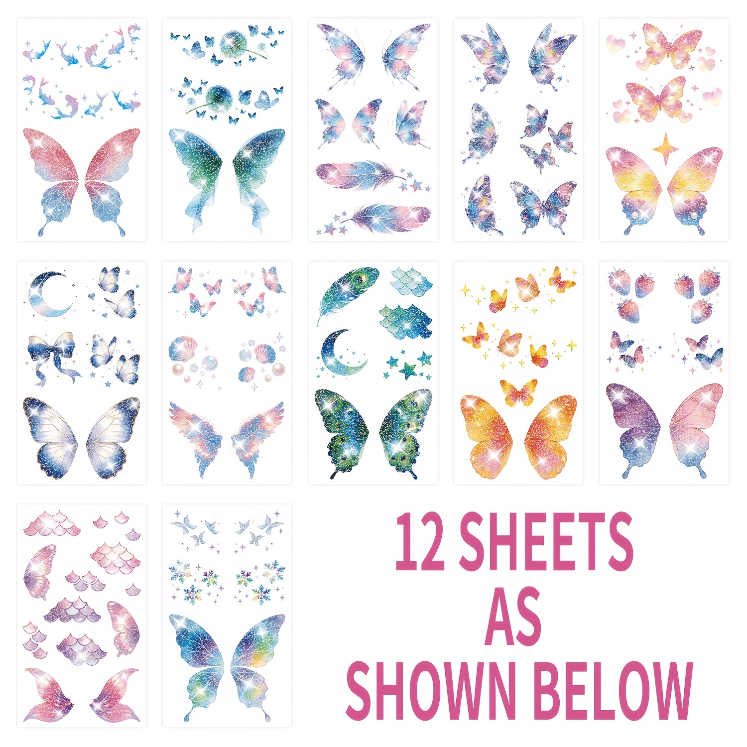 Image of 12 Sheets Glitter Temporary Tattoos Sticker For Women Girls Makeup Decoration, Flash Fairy Body Art Shiny Butterflies Waterproof Fake Tattoos For Festival Party Eye Decor