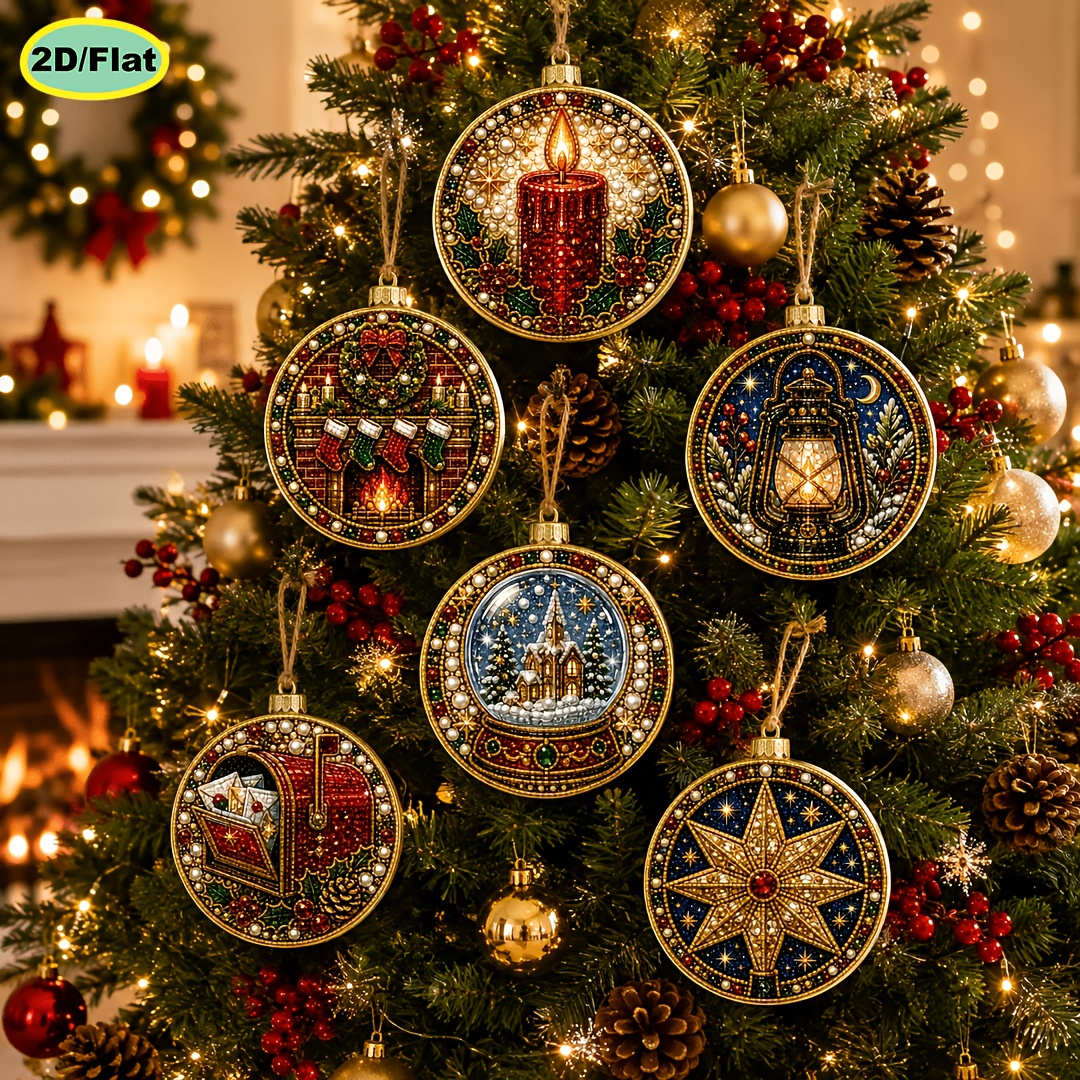TEMU Hot 6pcs Pearl Diamond Painting Wooden Tag Pendant Set, Christmas Theme, 2d Flat High Definition Printing, 3.07 Inches Full Kit Hand Drilling