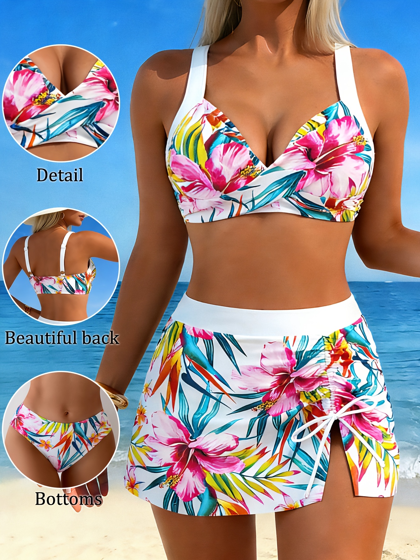 Women's 3-Piece Bikini Set with Plant Print