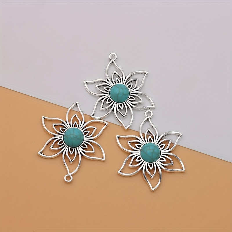 Image of 3pcs Hollow Blue Bead Flower Charm Pendant Blue Bead Flower Charms Antique Silvery Plated Small Business Supplies Alloy Plated Pendant Charms Making Necklace/earrings Pendant For