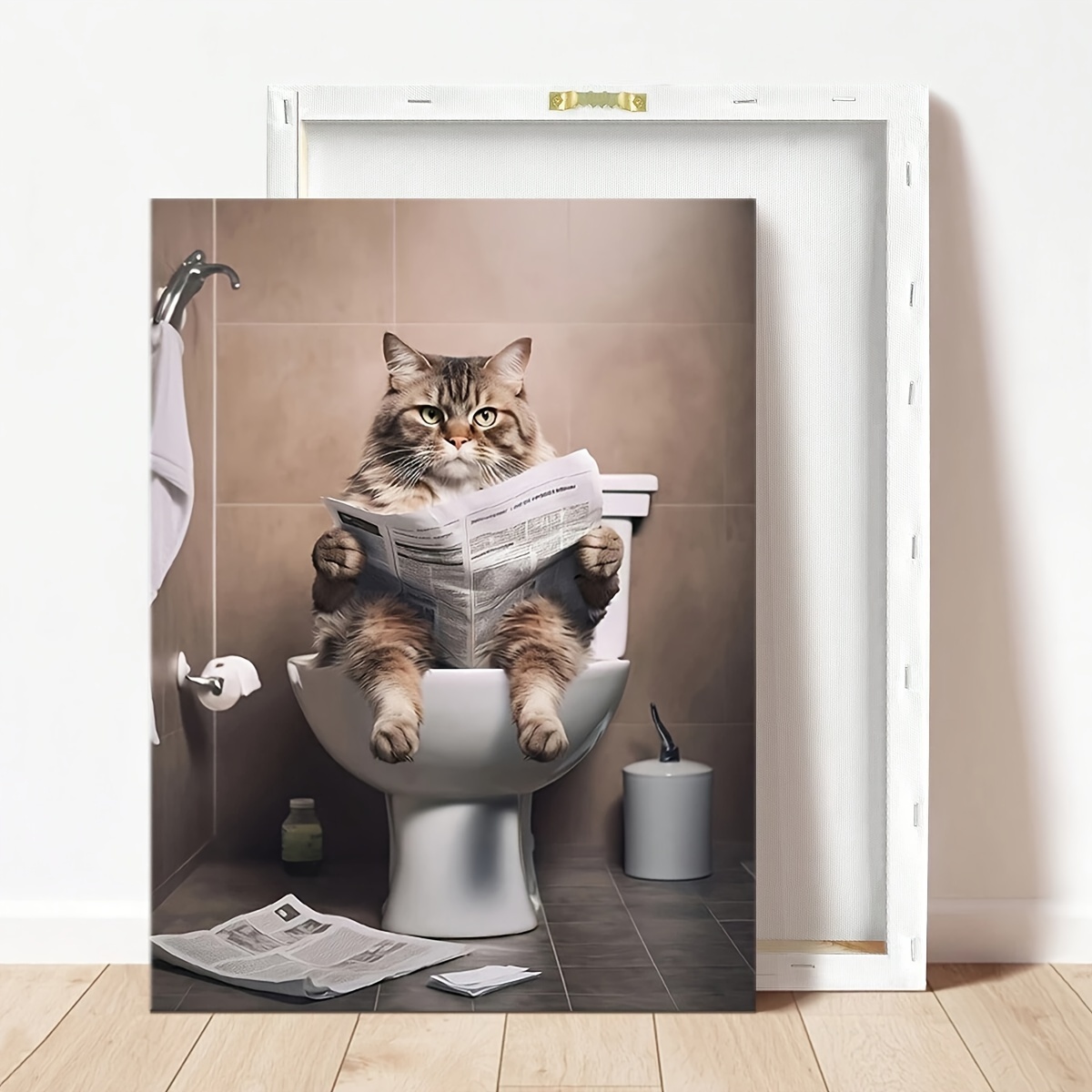 

1pc With Framed Cat Toilet Animal Poster Board Canvas Painting, Abstract Style, Bathroom Living Room Home Decor, Modern Decorative Painting, Creative Gifts