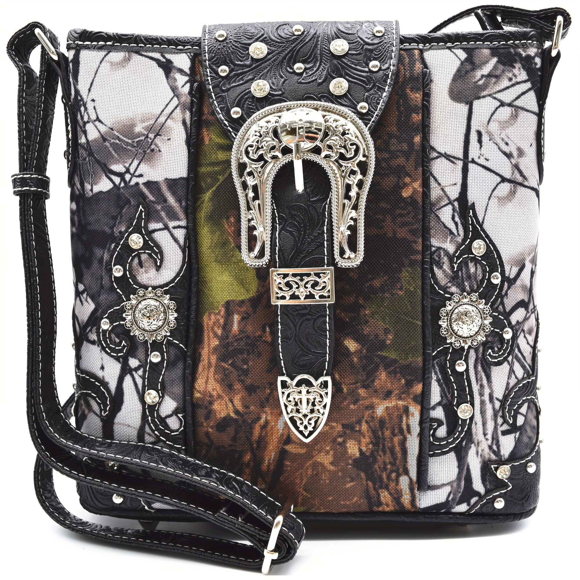 

Camouflage Rhinestone Pistol Buckle Western Crossbody Handbags Studded Purse Women Single Shoulder Bag