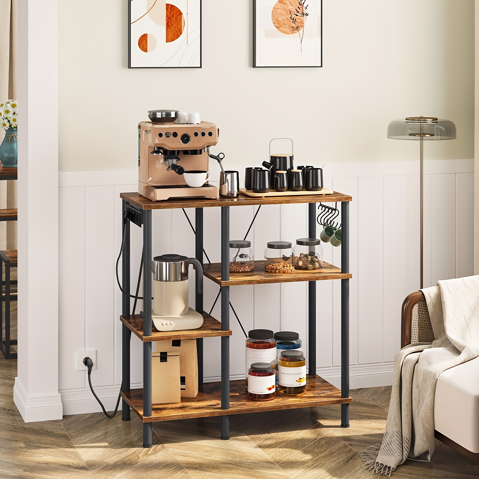 Multifunctional Kitchen Shelf With Power Outlet, Baking Rack - Vertical Storage Rack For Kitchen And Living Room, With 5 Hooks Category: Practical Shelves