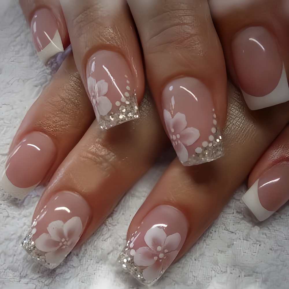 TEMU Showcase Your Beauty 24pcs Chinese Style Nails Classic Elegant Pink Floral White Polka Dot Sparkling Silvery Sequined Press-on Nails Fashion