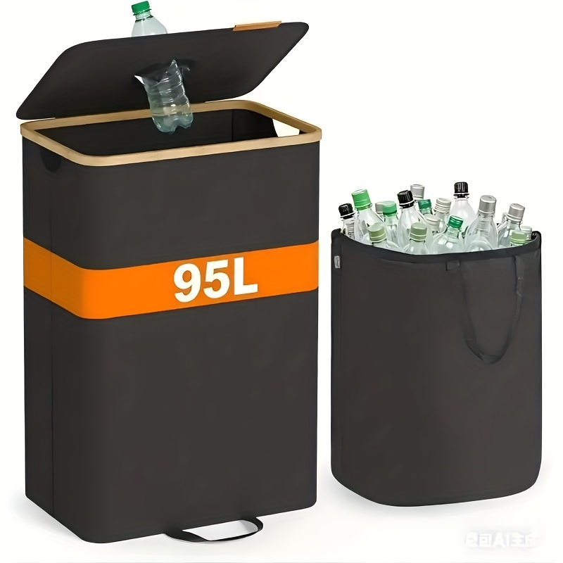 Recycling Bin, 95l Bottle Recycling Container, Bottle Collection Bin, For Metal, Plastic, Paper, Glass, Inner Bag With Handles, Kitchen