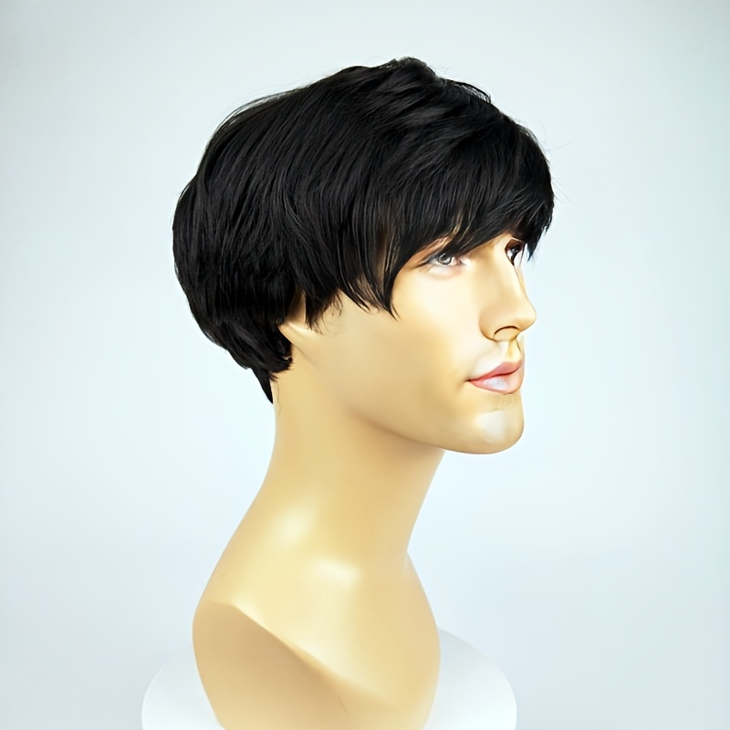 Mens Black Short Fluffy Wig With Side Bangs Heat Resistant Funky 