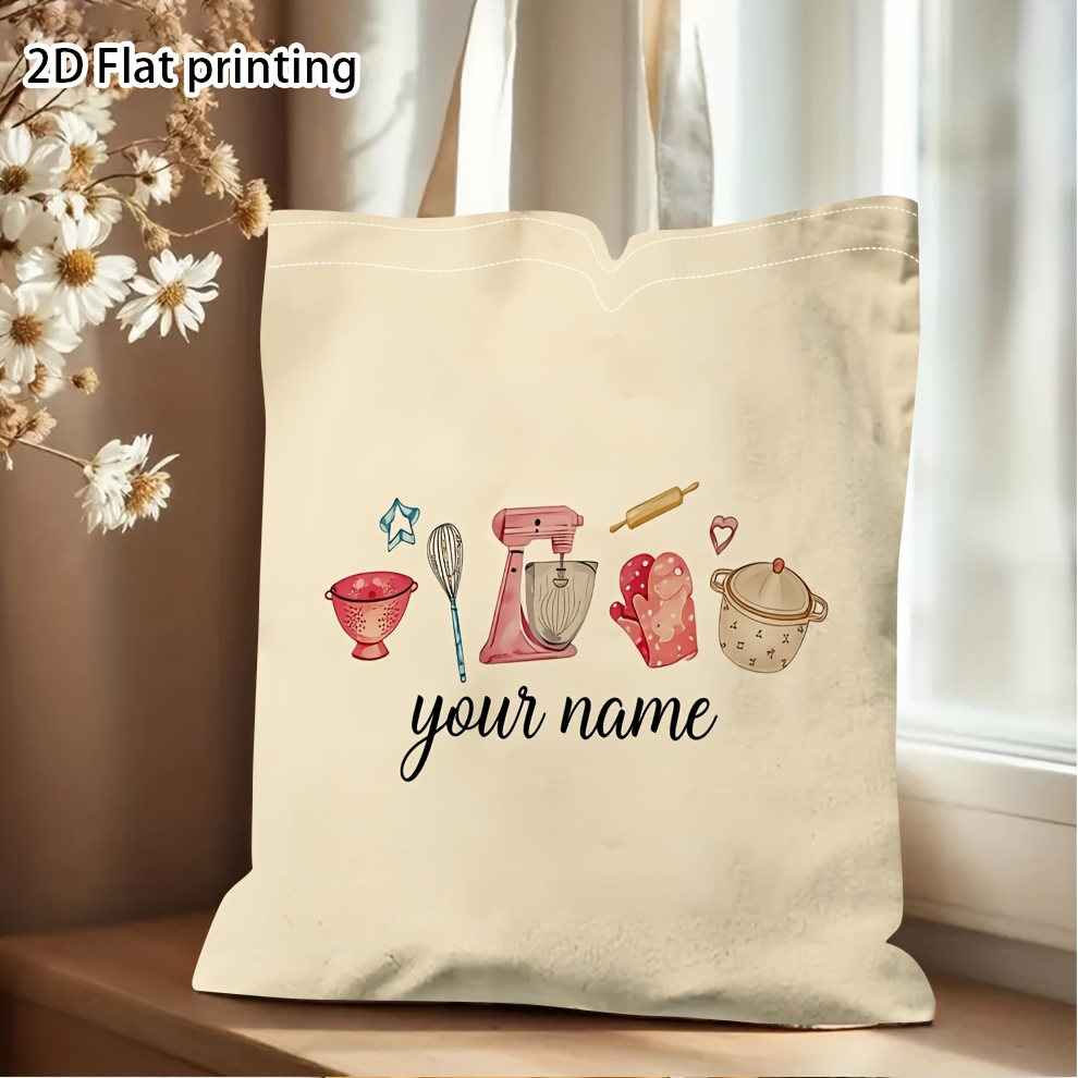 TEMU 2d Flat, 1pc Personalized Baking Themed Tote Bag, Custom Name Kitchen Lover Reusable Shoulder Bag, Cute Gift For Home Bakers & Cooking