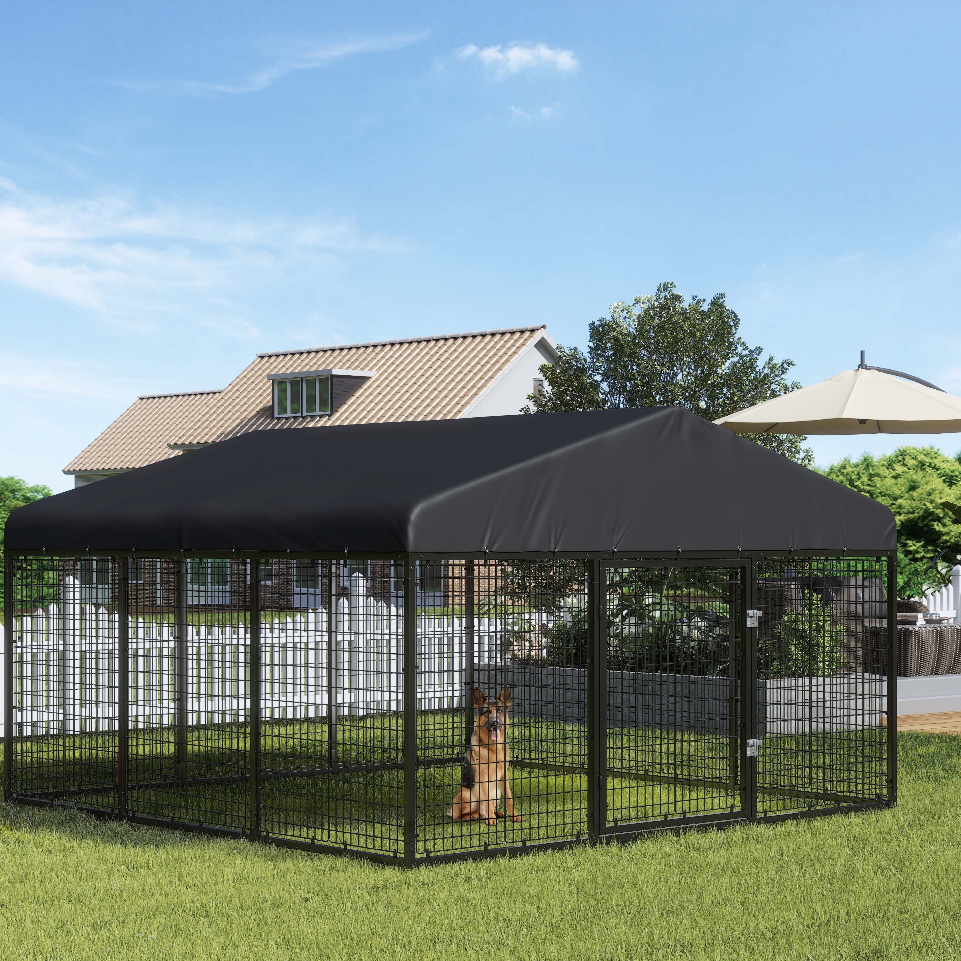 

Large Outdoor Dog Kennel, Heavy Duty Dog Cage With Roof, Galvanized Kennel Fence With Locks, Large