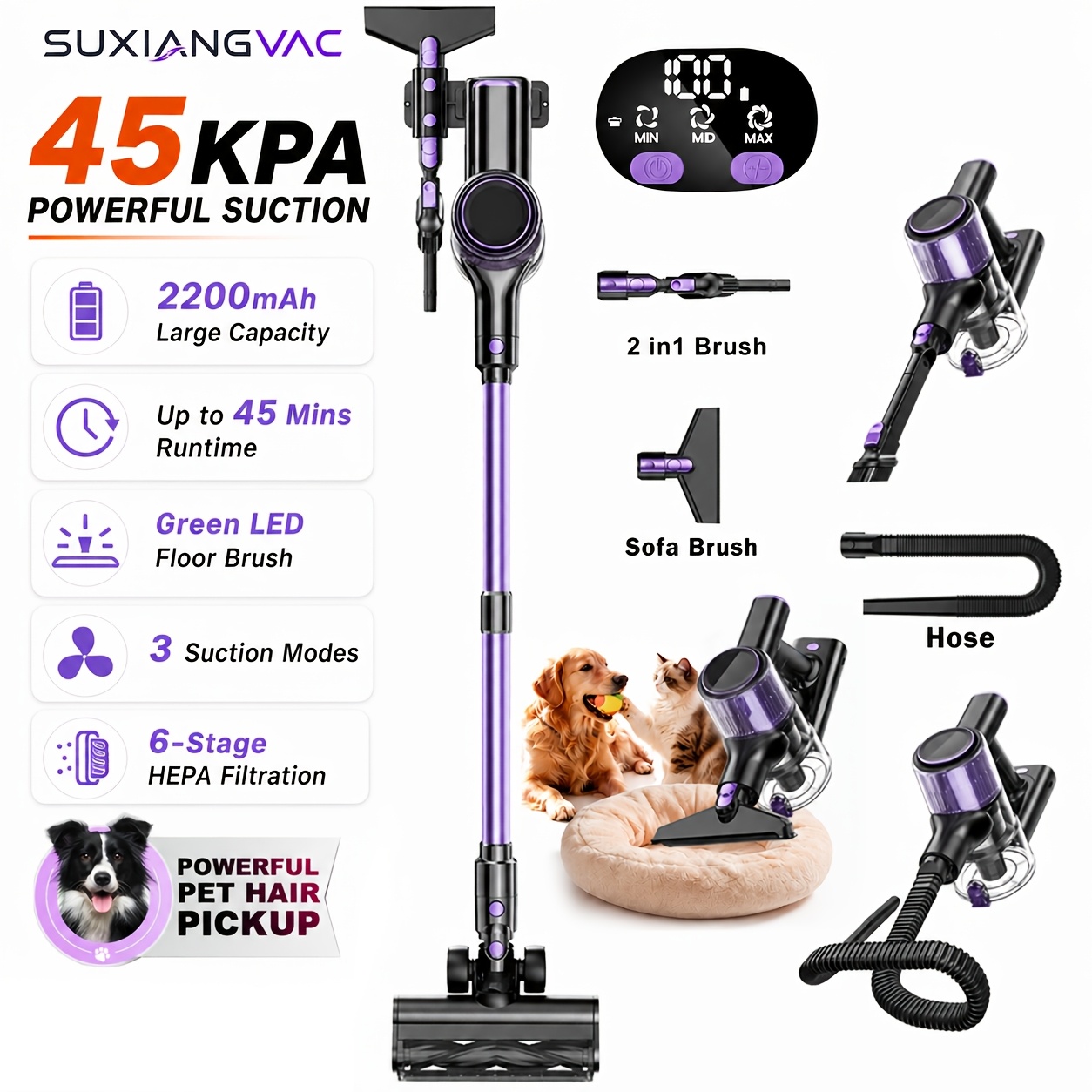 TEMU Cordless Vacuum For Pet Hair, 10-in-1 High Suction Handheld Vacuum Cleaner - Lightweight With Upgraded Extra-long Hose, Anti- Brush, , Padded