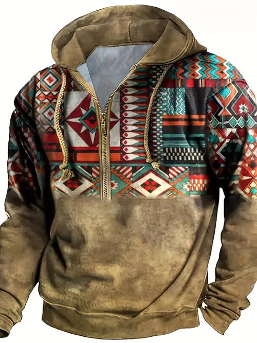 mens vintage ethnic print pocket zip hoodie