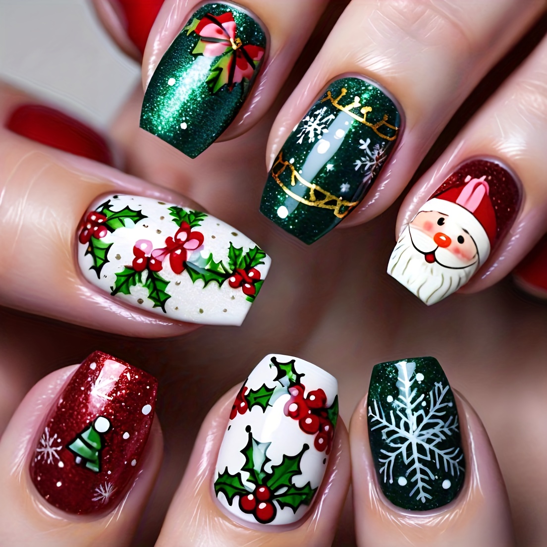 TEMU 24pcs Of Christmas Pressure Nails-santa Claus Snowflake Dressing Armor-short Square-christmas, To Wear-ladies Christmas Nail Decoration, Holiday